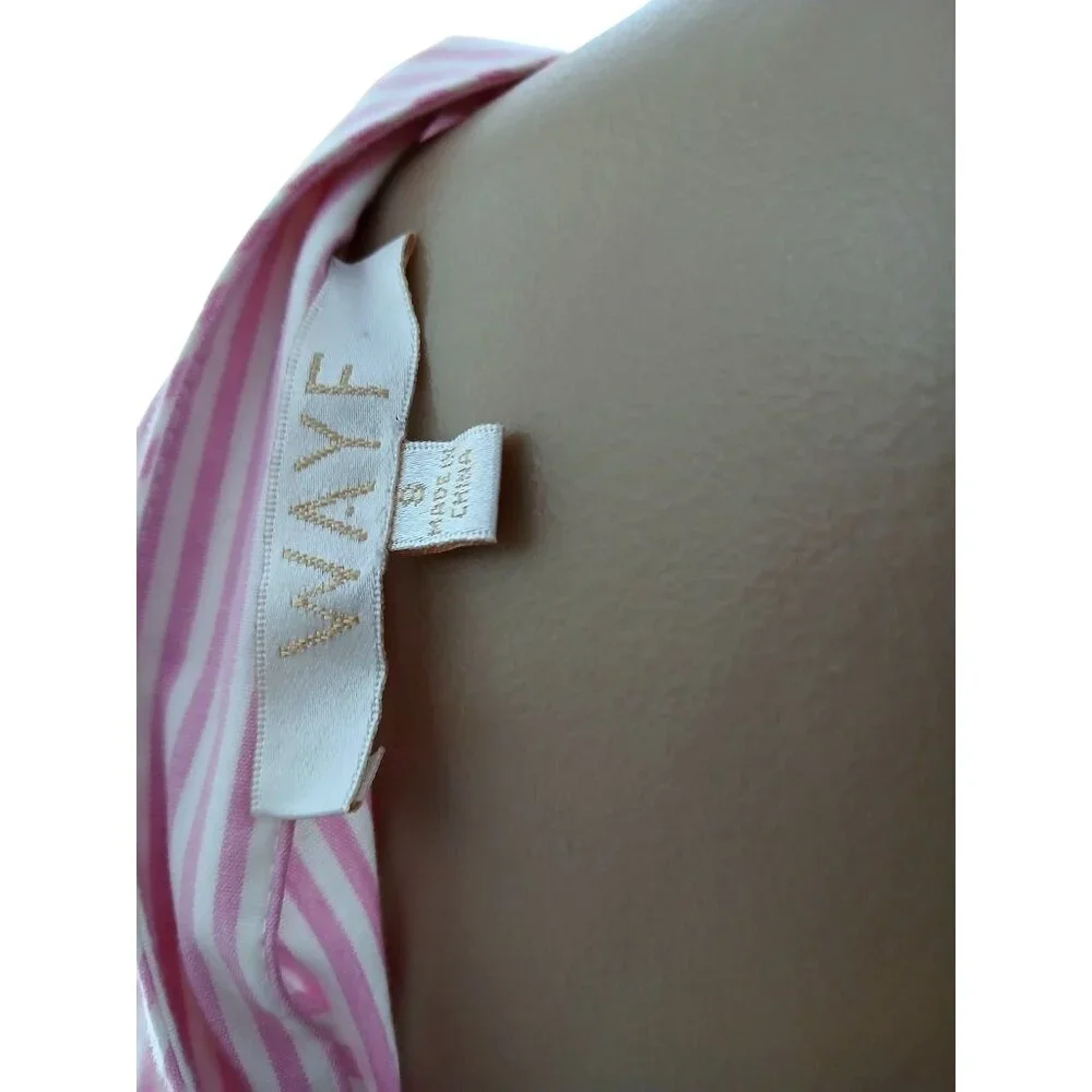 WAYF Dayna Tie Back Poplin Top Blouse Size S Striped Pink Wrap Long Sleeve Puff - Picture 5 of 11